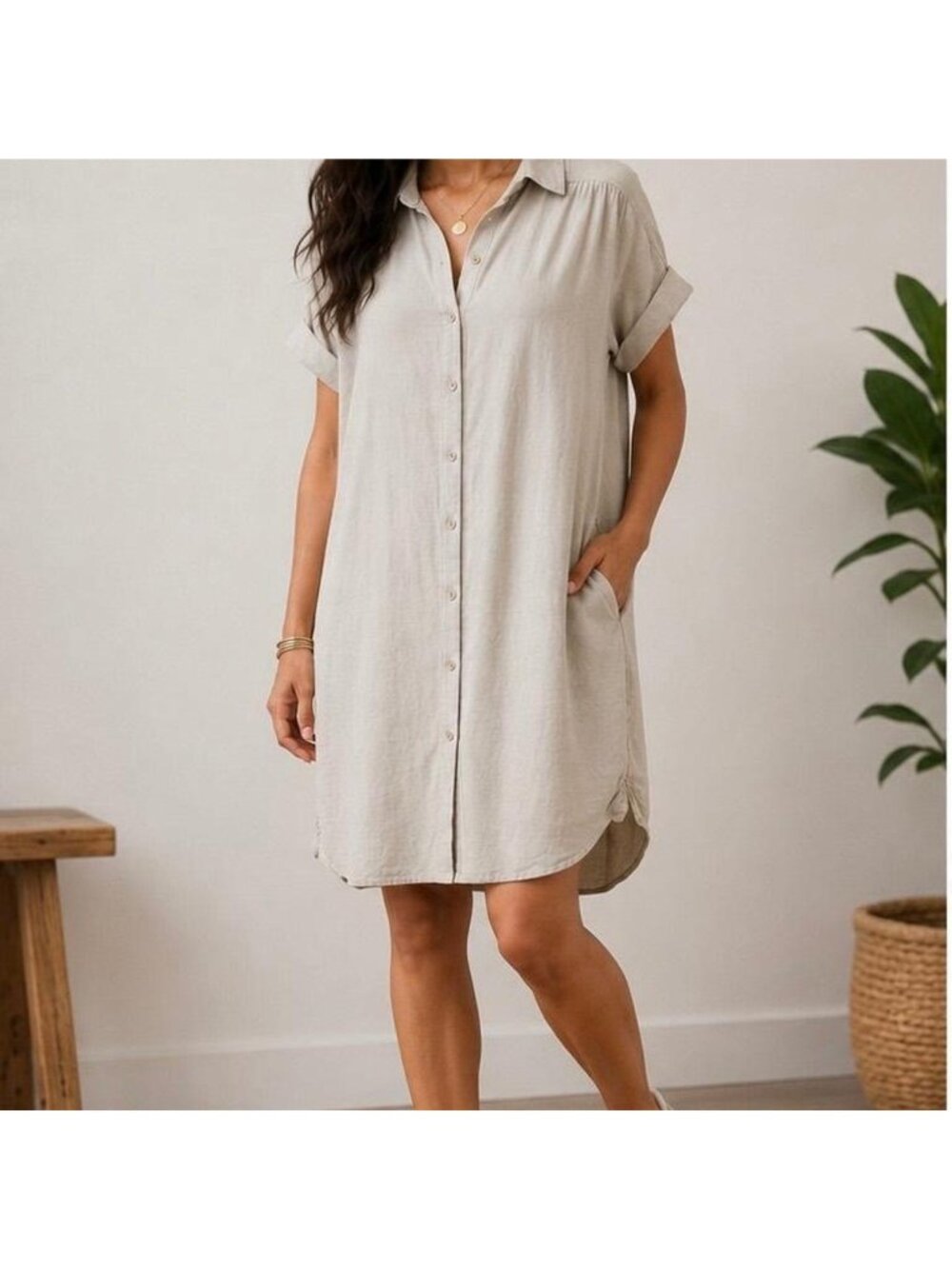Well Worn Plus Size Linen Beige Pocketed Button Up Collared Tunic Dress